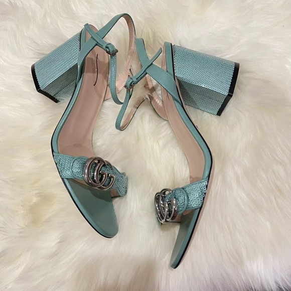 Gucci Green Sequin Gg Marmont Mid Heeled Sandals - Picture 8 of 13